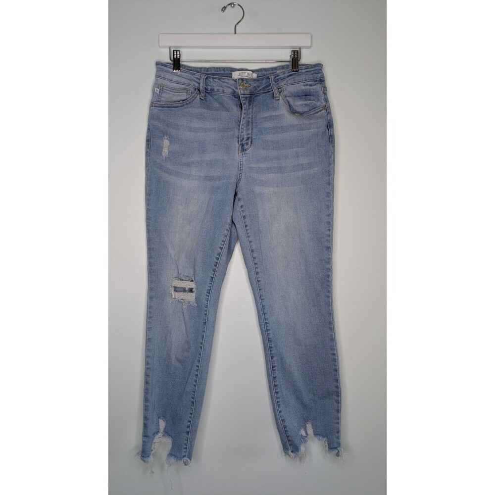 Judy Blue 13/31 Mid Rise Destroyed Frayed Hem Boyfriend Jeans Light Wash JB88389